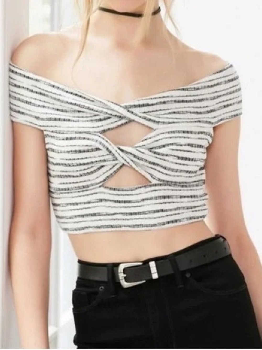 Urban Outfitters White and Black Striped Off-Shoulder Twist Crop Top